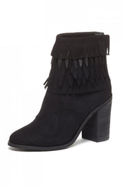 Yellow Box Black Genuine Suede Chunky Heel Fringe Round Toe Ankle Booties