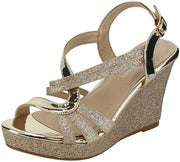 Forever Happy-09 Gold Glitter Strappy Wrapped Ankle Wedge Heel Platform Sandals