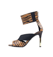 Cecelia New York Mirror Tiger Open Toe Gold Stiletto Heel Stretch Strap Sandals
