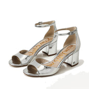 Sam Edelman Viola Soft Silver Leather Ankle Strap Open Toe Block Heeled Sandals