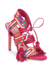 Schutz Embroidered Bright Rose Multi High Heel Lace-Up Stiletto Sandals