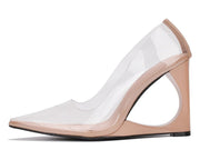 Cape Robbin Ara Nude Pointed Toe Unique Wedge Heel Slip On Transparent Pumps