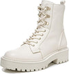 Sam Edelman Lue Ivory Chunky Block Heel Rounded Toe Lace Up Ankle Combat Boots