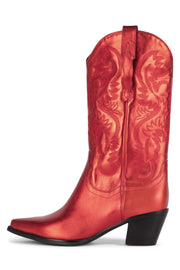 Jeffrey Campbell Dagget Red Metallic Pull On Block Heel Pointy Toe Western Boots