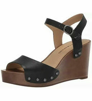 Lucky Brand Zashti Black Leather Open Toe Platform Embellished Wedges Sandals