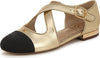 Sam Edelman Roxie Gold Black Leather Fashion Rounded Toe Mary Jane Ballet Flats