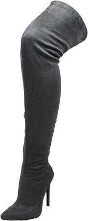 Liliana Gisele-7 Thigh High Stretchy Suede Fitted Pointy Stiletto Boot Grey (7.5, Grey)