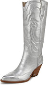 Sam Edelman James Silver Wide Calf Pointed Toe Stacked Block Heel Western Boots