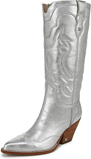 Sam Edelman James Silver Wide Calf Pointed Toe Stacked Block Heel Western Boots