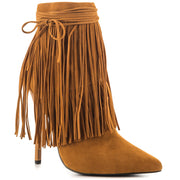 Privileged Capilla Chestnut Suede High Pitch Heel Stiletto Pointed Fringe Bootie