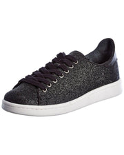 Schutz Sanjay Lace-up Leather Sneakers White Platform Tennis Shoe Black Glitter