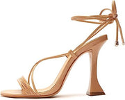 Schutz Arceli Honey Beige Strappy Lace Up Open Toe Flared Heel Tie Up Sandals