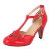 Chase & Chloe Kimmy-36 Teardrop Cut Out T-Strap Mid Heel Dress Pumps Red Patent