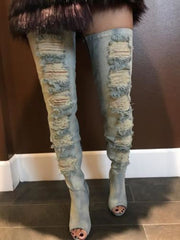 Privileged DARLING DISTRESSED DENIM THIGH-HIGH OPEN TOE SLOUCHY SEXY BOOTS (7)