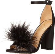 Sam Edelman Yaro Black Feather Ankle Strap Open Rounded Toe Block Heeled Sandals