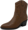 SODA Picotee Dk Tan Pu Pointed Toe Block Heel Ankle Western Stitched Boots