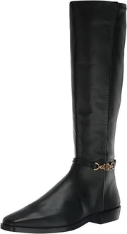 Sam Edelman Clive Black Leather Squared Toe Stacked Heel Knee High Fashion Boots