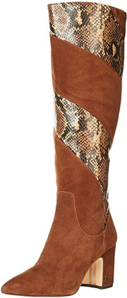 Sam Edelman Hai Brown Suede Snake Patch Mid Block Heel Knee High Dress Boots