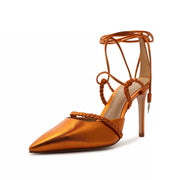 Schutz Lunah Orange Multistraps Lace Up Pointed Toe Stiletto High Heel Pumps