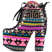 Privileged Tune Up Multi Colored Print Platform Runway Fashion Lace-up Booties