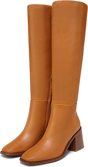 Sam Edelman Wade Caramel Leather Stacked Heel Square Toe Knee High Fashion Boots