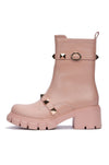 Cape Robbin YURI Embellished Buckle Strap Block Chunky Heel Moto Boots Nude