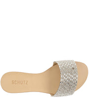 Schutz Pompey Nude Leather Dazzling Rhinestone Slide Flat Sandals