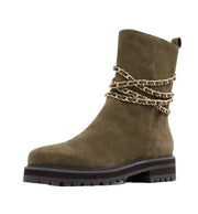 Cecelia New York Misunderstood Olive Fashion Pull On Rouded Toe Gold Chain Boots