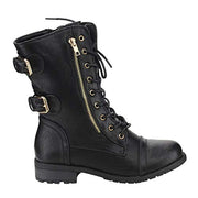 Forever Mango-71 Vegan Leather Military Style Ankle Boot Thick Sole Buckle Black