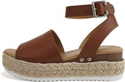 Soda Topic Cognac Pu Espadrilles Ankle Strap Studded Open Toe Wedge Heel Sandals