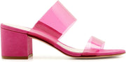 Schutz Victorie Vibrant Pink Clear Strap Slip On Open Toe Mid Block Heel Sandals