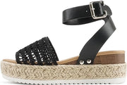 Soda Topics Black Pu Espadrille Platform Ankle Strap Studded Platform Sandals