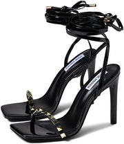 Steve Madden Underate-S Black Patent Strappy Tie Up Open Toe Heeled Sandal Pumps