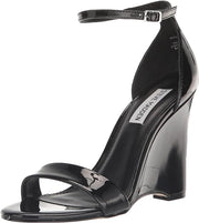 Steve Madden Mallor Black Patent Ankle Strap Round Open Toe Wedge Heeled Sandals