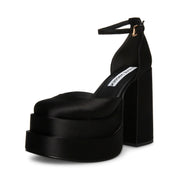 Steve Madden Charlize Black Satin Block Heel Ankle Strap Square Toe Fashion Pump