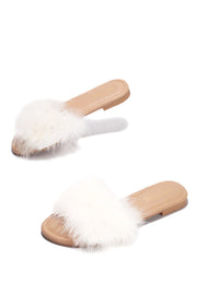 Cape Robbin Sandals-1 White Fur Slip On Feathers Flat Slide Mule Sandals