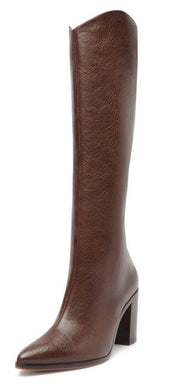 Schutz Analeah Brown Cow Leather Closed Toe Slip On High Calf Block Heel Boots