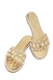 Liliana Honnay-2 Gold Clear Rhinestone Gem Slip On Slide Mule Flat Sandals