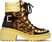 Cape Robbin Summit Leopard Gold Combat Bootie Lug Sole Lace Up Platform Ankle Boot