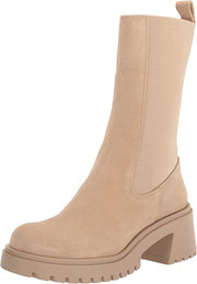 Steve Madden Hesitant Sand Suede Block Heel Pull On Mid Calf Fashion Moto Boots