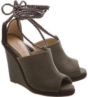 Schutz Caetana Dark Olive Green Ankle Tie Up Open Toe Platform Wedge Sandal