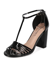 Breckelles Aniston-17 Black Patent PU Open Toe T-Strap Block Heel Retro Sandals