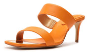Schutz Aruana Orange Nappa Leather Double Strap Square Open Toe Mid Heel Sandals