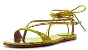 Schutz Vikki Flat Green Yellow T-Strap Ankle Strap Lace up Open Toe Flat Sandal