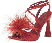 Sam Edelman Layton Red Mahogany Ankle Strap Spool Heeled Feather Detailed Sandals