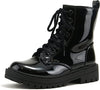 Soda Firm Black Patent Lace Up Rounded Toe Chunky Platform Combat Ankle Boots