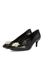 Lanvin Paris Black Pearled Leather Pump Pointed Toe Kitten Heeled Dress Pumps