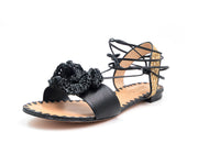 Schutz Womens Kenzie Black Flats Open Toe Flowered Insole Wrap Around Tie Sandal
