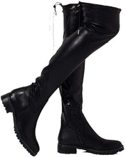 Azalea Wang Uptown Black Vegan Leather Thigh High Stretch Tie Back Fitted Boots