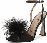 Sam Edelman Leon Black Satin Feather Pom Pom Detail Ankle Strap High Heel Sandal